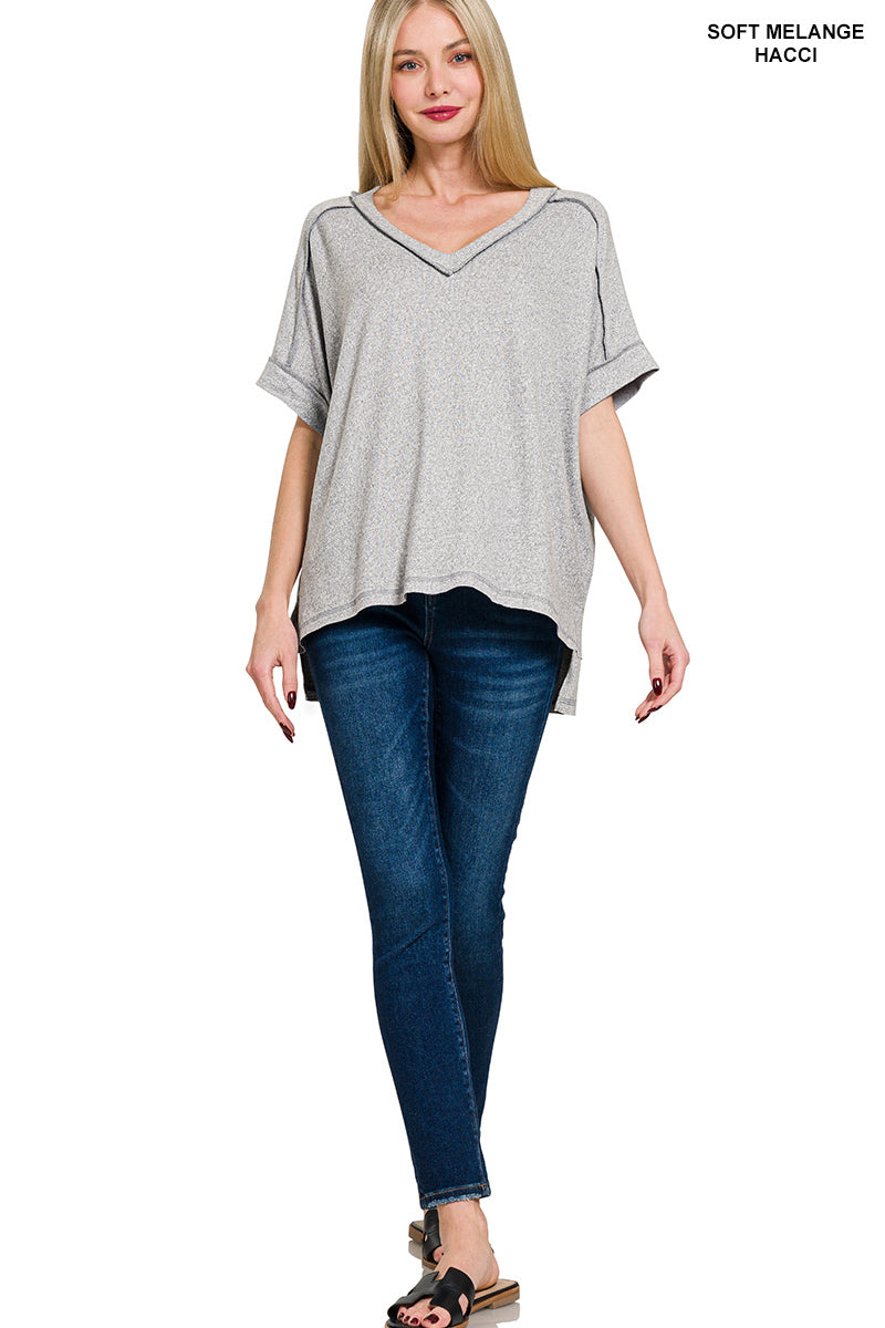 Soft Melange Hacci V-Neck Short Sleeve Hi-Low Tee